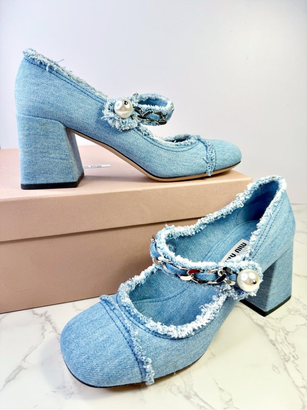 Miu Miu Decollette Denim Mary Jane Block Heels with Pearl Chain